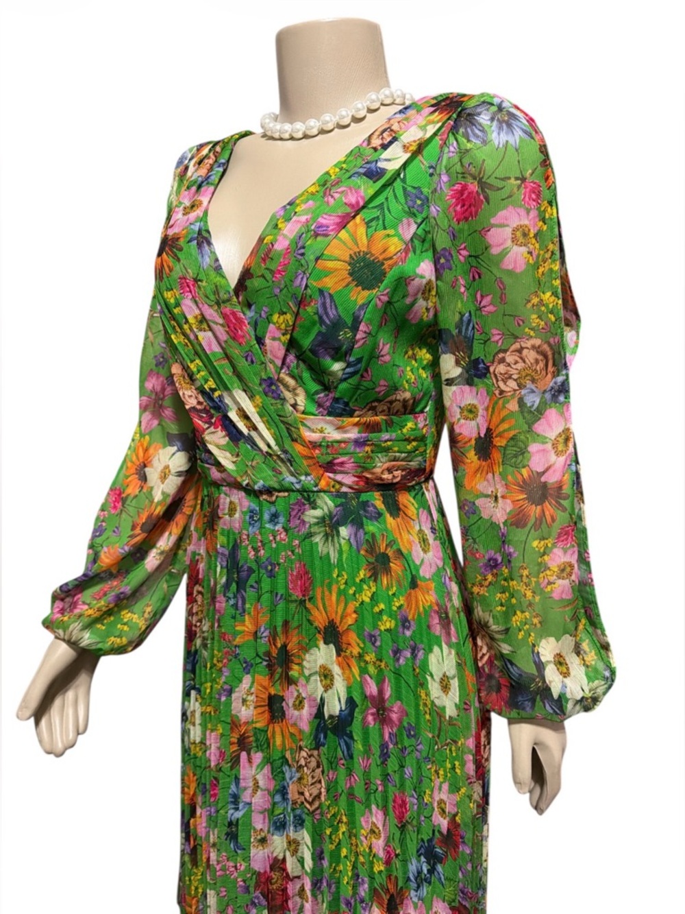 Betsy & Adam Sz 4  Floral Long Sleeve Cold Shoulder Pleated Gown Formal Green - Picture 4 of 15